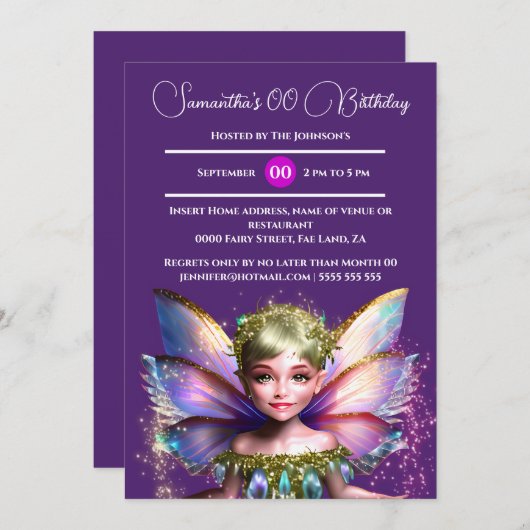 妖精のプリンセス輝く妖精光沢のあるグリッター翼 招待状 (正面/裏面)