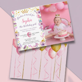 妖精のプリンセス ピンク&ゴールド 1歳の誕生日 招待状