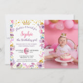妖精のプリンセス ピンク＆ゴールド 1歳の誕生日 招待状 (正面)
