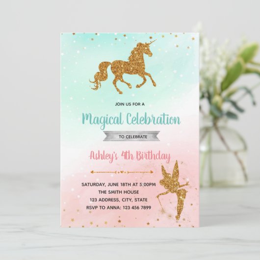妖精のユニコーンのシルエット誕生パーティーの招待 招待状 (スタンド正面)