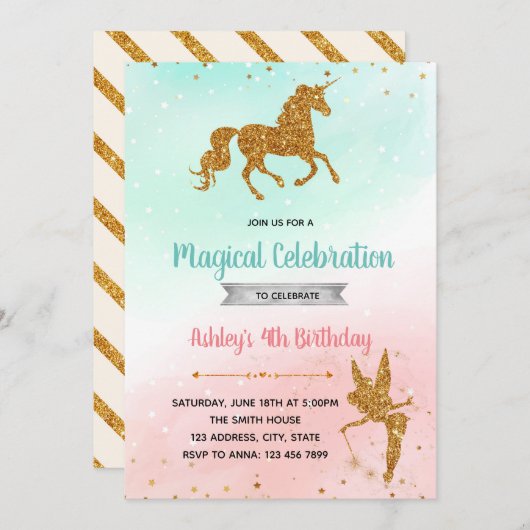 妖精のユニコーンのシルエット誕生パーティーの招待 招待状 (正面/裏面)