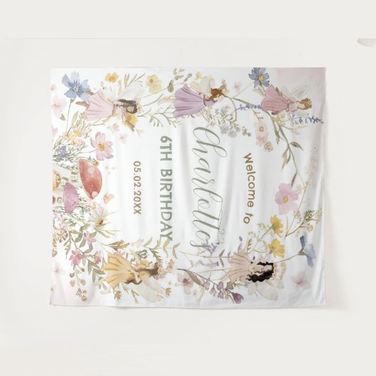 妖精のワイルドフラワーの花畑の花の誕生日ウェルカム タペストリー (正面(横))