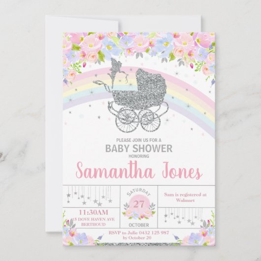 妖精のヴィンテージプラムフローラシルバーベイビーシャワー 招待状 (正面)