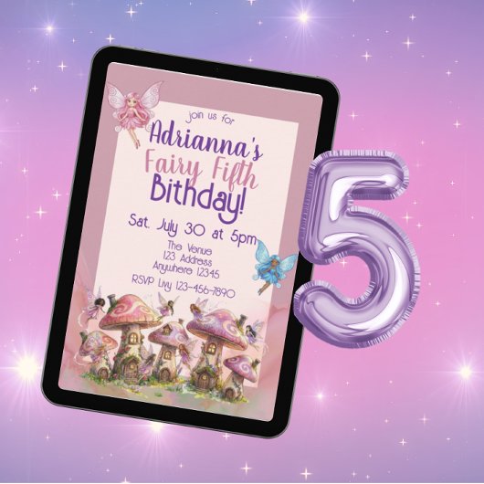 妖精の五歳、ピンクパープルの5歳の誕生日 招待状