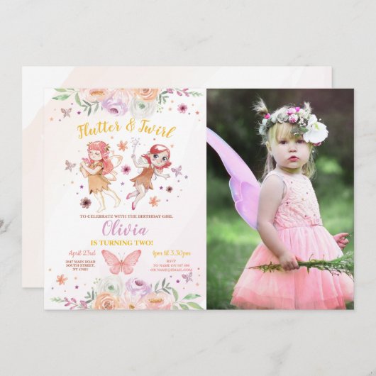 妖精の女の子の誕生日パーティーの妖精の写真 招待状 (正面/裏面)