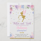 妖精の女の子の誕生日招待状、花の金ゴールド任意の年齢。 招待状 (正面)