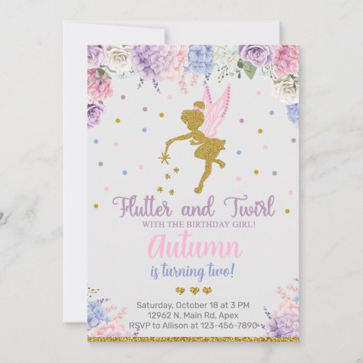 妖精の女の子の誕生日招待状、花の金ゴールド任意の年齢。 招待状 (正面)