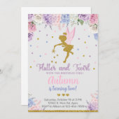 妖精の女の子の誕生日招待状、花の金ゴールド任意の年齢。 招待状 (正面/裏面)