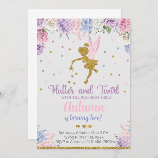 妖精の女の子の誕生日招待状、花の金ゴールド任意の年齢。 招待状 (正面/裏面)