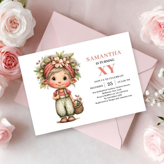 妖精の女の子の誕生日 - 幻想的なピンクの花の招待状 招待状