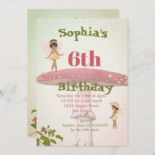 妖精の女の子は暗い髪の緑のかわいい誕生日を年齢 招待状 (正面/裏面)