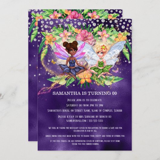 妖精の女の子魔法グリッタートロピカルガーデンきらめく 招待状 (正面/裏面)