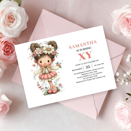 妖精の女の子 8歳の誕生日 ファンタジーなピンクの花柄  招待状