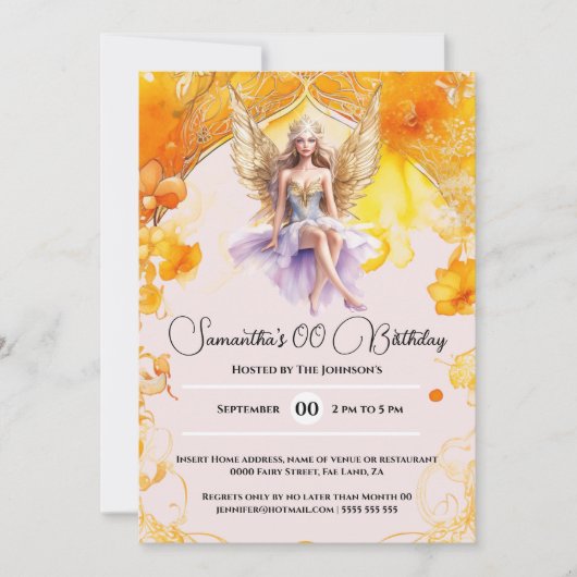 妖精の女エレガントの子オレンジの誕生日パーティー 招待状 (正面)