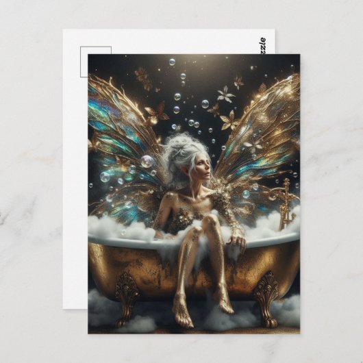 妖精の女性がバブルバスに乗金ゴールド ポストカード (正面/裏面)