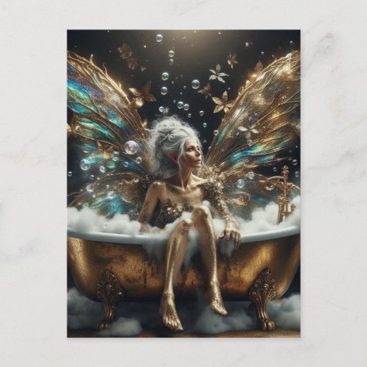 妖精の女性がバブルバスに乗金ゴールド ポストカード (正面)