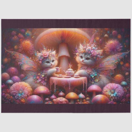 妖精の子猫のキノコ茶ファンタジーアートの切り離し 薄葉紙 (正面)