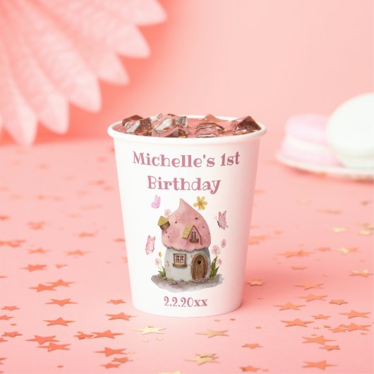 妖精の家の女の子1誕生日ピンクかわいい 紙コップ (インサイチュ)