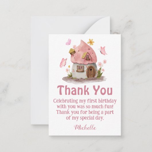 妖精の家感謝してい女の子の誕生日ピンク ノートカード (正面)