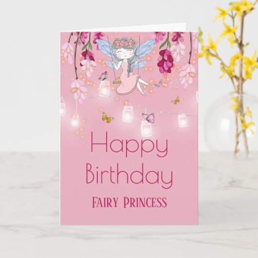 妖精の庭の女の子が、男の子のジャーライトをピンクに振る カード (黄色い花)