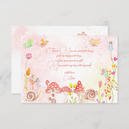 妖精の庭の水の色子供の誕生日 サンキューカード (正面/裏面)