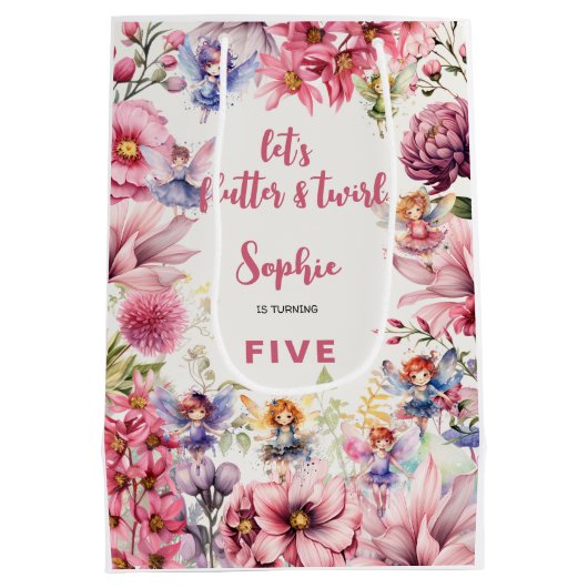 妖精の庭の水の色子供の誕生日 ミディアムペーパーバッグ (裏面)