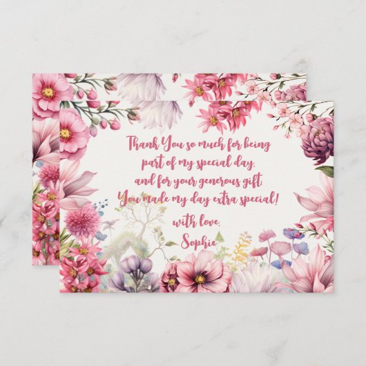 妖精の庭の水彩画の子供の誕生日 サンキューカード (正面/裏面)