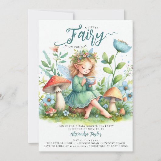 妖精の庭の茶のキノコが赤ちゃんの女の子シャワーを枯らす 招待状 (正面)