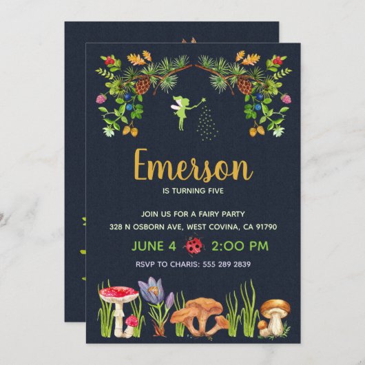 妖精の庭の誕生日パーティーの招待 招待状 (正面/裏面)