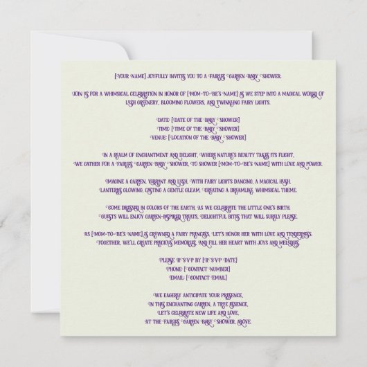 妖精の庭：妖精が輝き、赤ちゃんシャワー 招待状 (裏面)