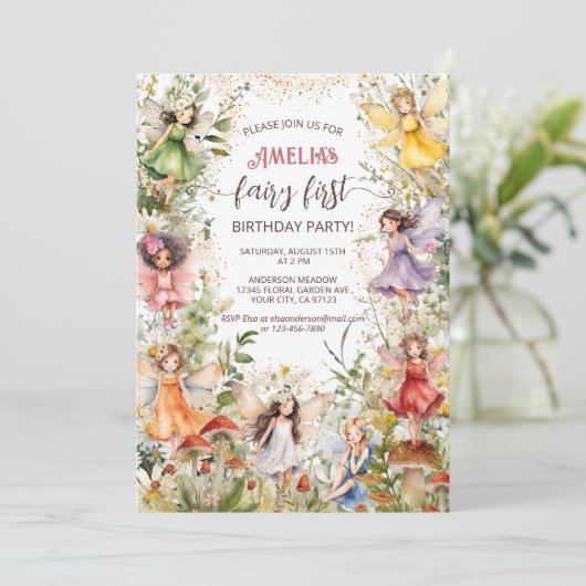 妖精の最初のかわいいフローラ妖女の子の最初の誕生日 招待状 (スタンド正面)