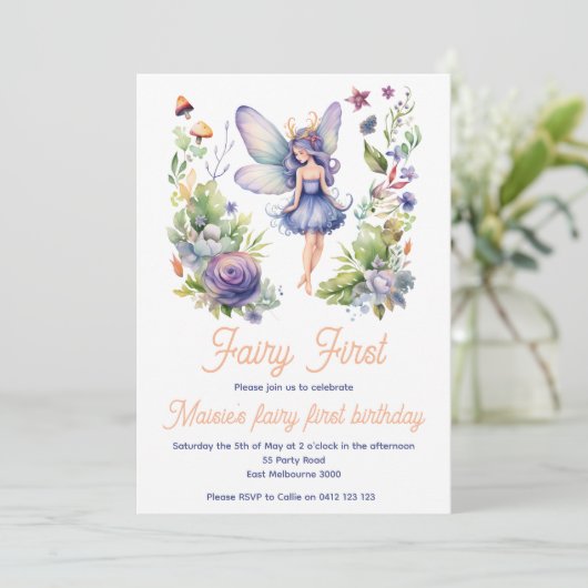 妖精の最初のかわいい水の色1st誕生日 招待状 (スタンド正面)