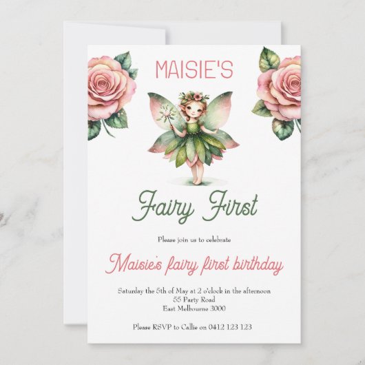 妖精の最初のかわいい水の色1st誕生日 招待状 (正面)