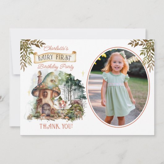 妖精の最初のウッドランドのキノコ1st誕生日の写真 サンキューカード (正面)
