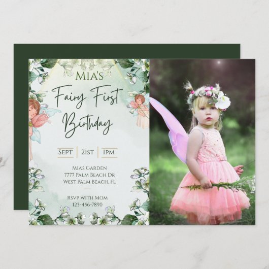 妖精の最初のウッドランド写真誕生日魅惑 招待状 (正面/裏面)