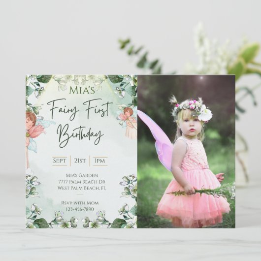 妖精の最初のウッドランド写真誕生日魅惑 招待状 (スタンド正面)