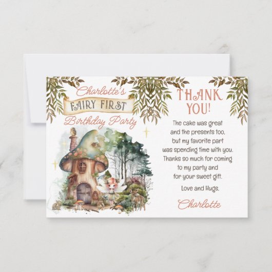 妖精の最初のウッドランド動物キノコの最初の誕生日 サンキューカード (正面)