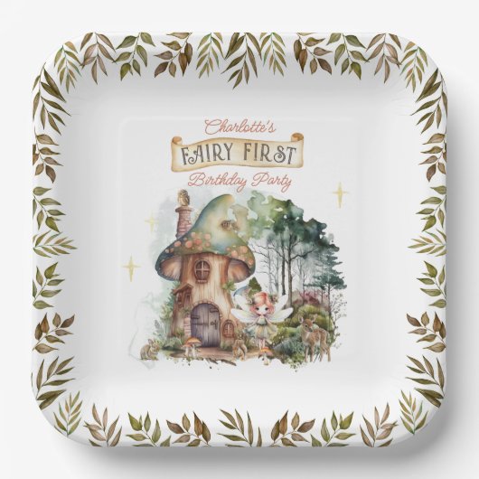 妖精の最初のウッドランド動物キノコの最初の誕生日 ペーパープレート (正面)