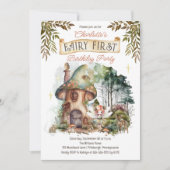 妖精の最初のウッドランド動物キノコの最初の誕生日 招待状 (正面)