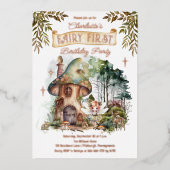 妖精の最初のウッドランド動物キノコの最初の誕生日 箔招待状 (正面)
