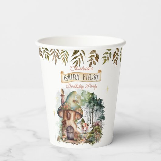 妖精の最初のウッドランド動物キノコの最初の誕生日 紙コップ (裏面)