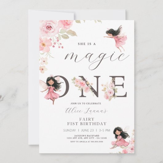 妖精の最初のテーマ 女の子の1歳の誕生日パーティー 招待状 (正面)