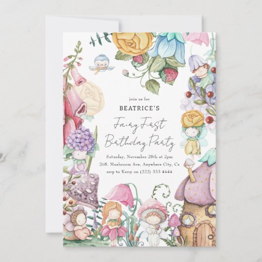 妖精の最初のパーティーフローラ妖精の女の子の最初の誕生日 招待状 (正面)