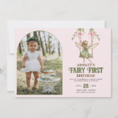 妖精の最初のピンクの弓フォトガールズの最初の誕生日 招待状 (正面)
