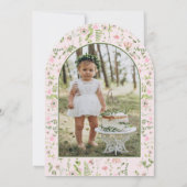 妖精の最初のピンクの弓フォトガールズの最初の誕生日 招待状 (裏面)