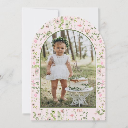 妖精の最初のピンクの弓フォトガールズの最初の誕生日 招待状 (裏面)