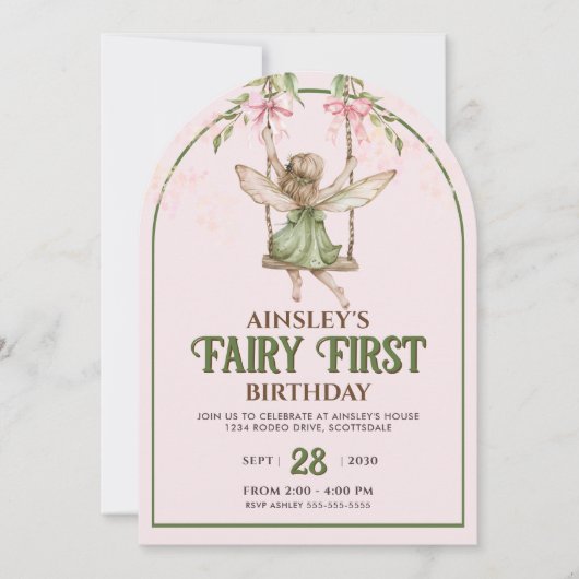 妖精の最初のピンクの弓フォトガールズの最初の誕生日 招待状 (正面)
