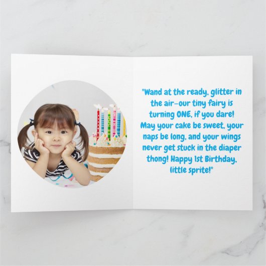 妖精の最初の写真のガーリー子供の誕生日挨拶 カード (内部)