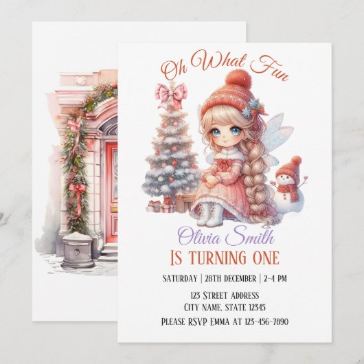 妖精の最初の女の子の1歳の誕生日 招待状 (正面/裏面)