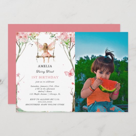 妖精の最初の水彩花の女の子たち 1歳の誕生日 招待状 (正面/裏面)